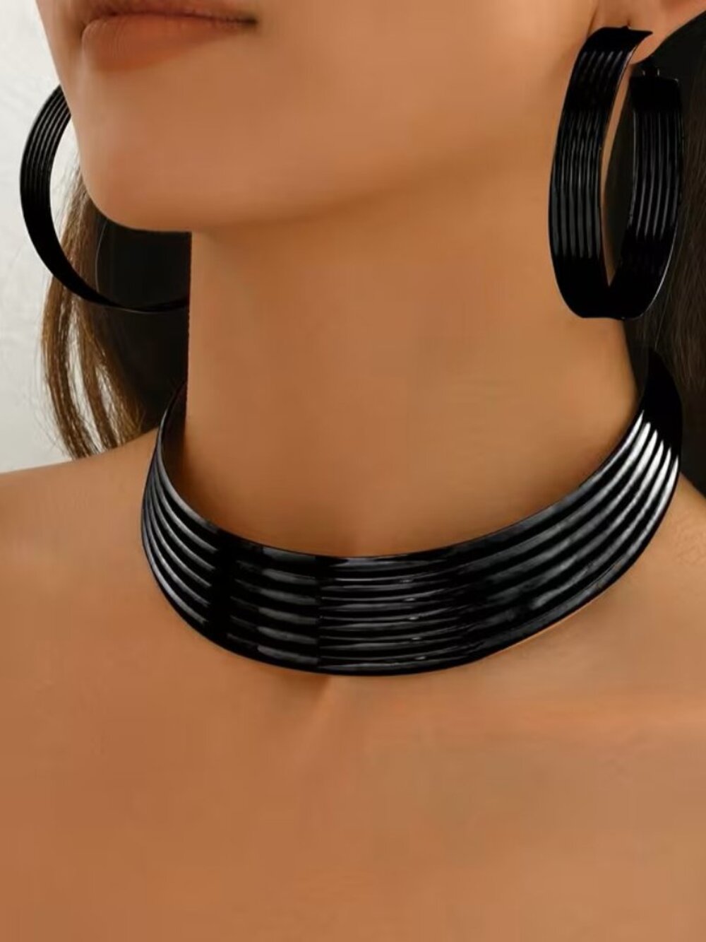 3pc Exaggerated Metal Hoops Earrings and Choker Necklace Z263